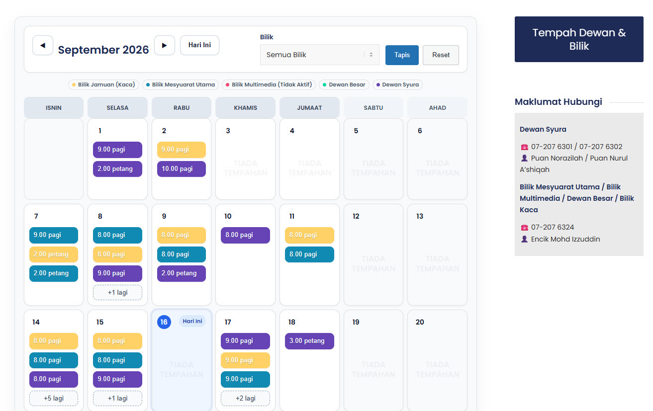 Paparan kalendar Sistem Permohonan Bilik Mesyuarat JAINJ dengan penapis bilik dan slot tempahan.