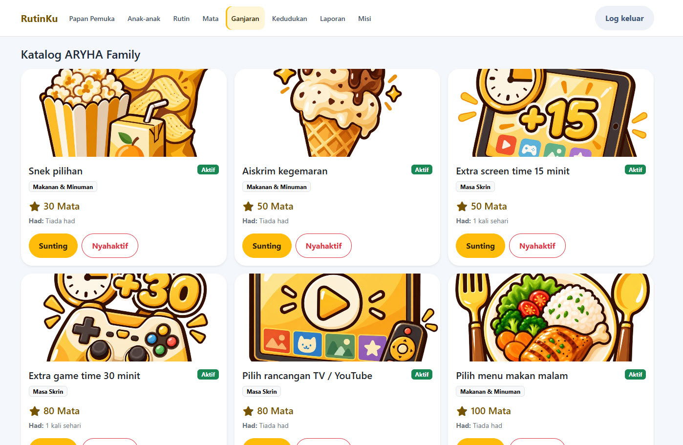 Paparan katalog ganjaran Rutinku dengan kad ganjaran makanan dan masa skrin.