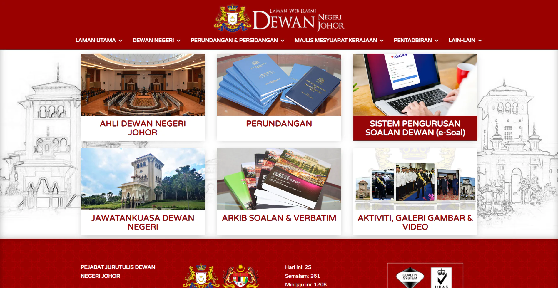 Paparan laman web Dewan Negeri Johor dengan menu merah dan kad kandungan perundangan serta aktiviti.