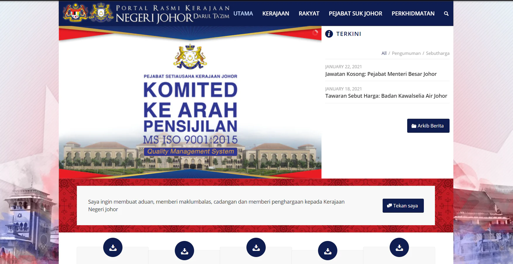 Paparan arkib Portal Rasmi Kerajaan Negeri Johor versi lama dalam pelayar Wayback Machine.